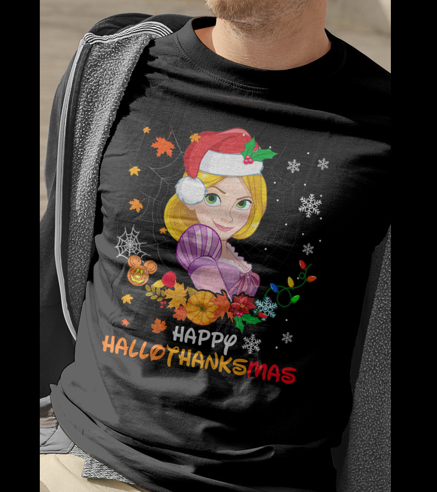 Happy Hallothanksmas Rapunzel Festive Mashup With Santa Hat Autumn Leaves And Christmas Lights T-Shirt