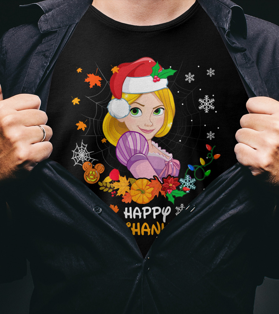 Happy Hallothanksmas Rapunzel Festive Mashup With Santa Hat Autumn Leaves And Christmas Lights T-Shirt