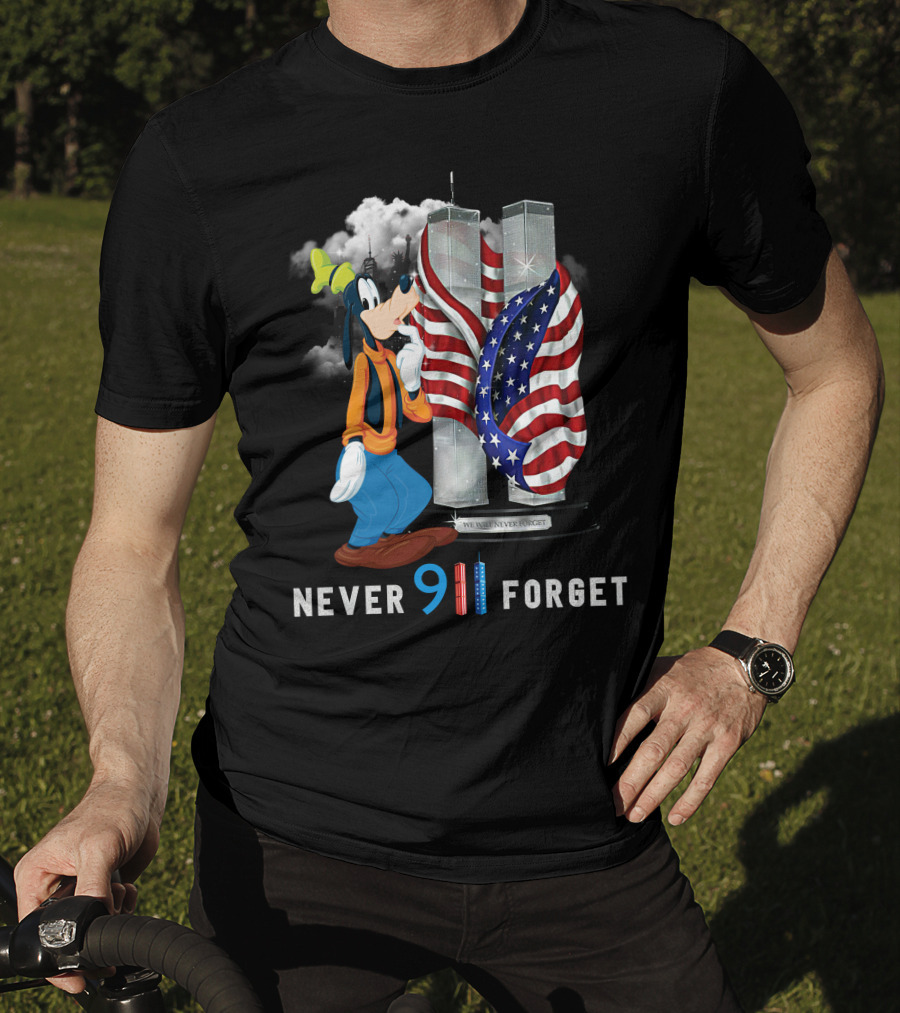Never Forget Goofy 9/11 Twin Towers American Flag Memorial T-Shirt
