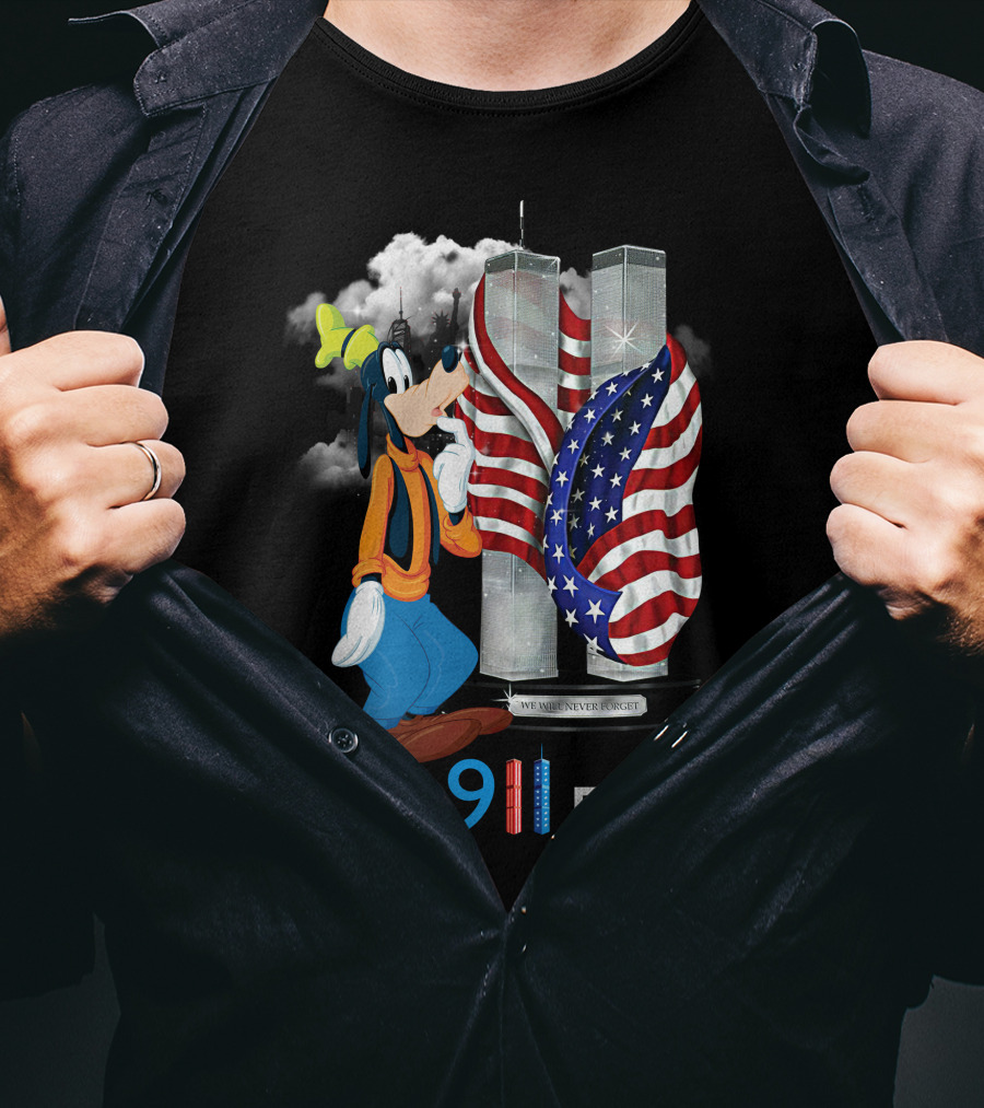 Never Forget Goofy 9/11 Twin Towers American Flag Memorial T-Shirt