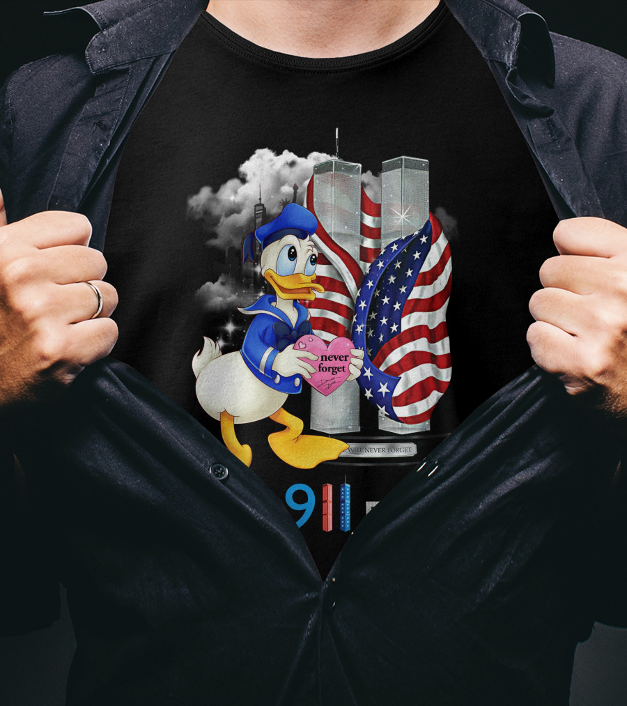 Never 911 Forget Donald Duck Twin Towers Usa Flag T-Shirt