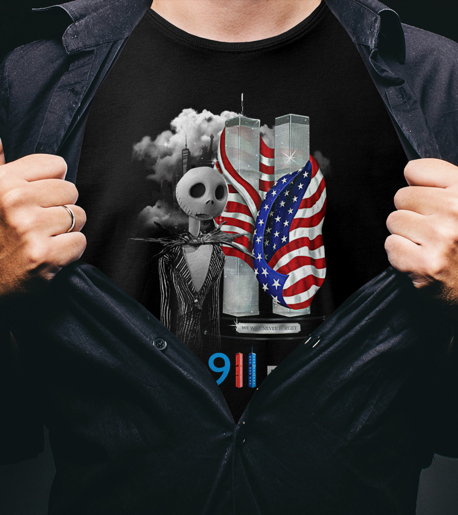 Jack Skellington 9/11 Never Forget Twin Towers American Flag T-Shirt