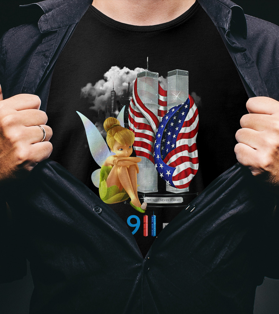 Tinker Bell Never Forget 9/11 Twin Towers Flag Memorial T-Shirt