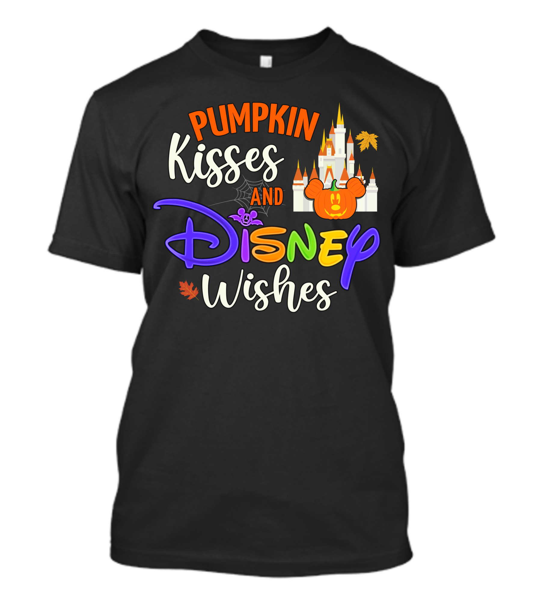 Pumpkin Kisses And Disney Wishes Castle Halloween Leaves T-Shirt