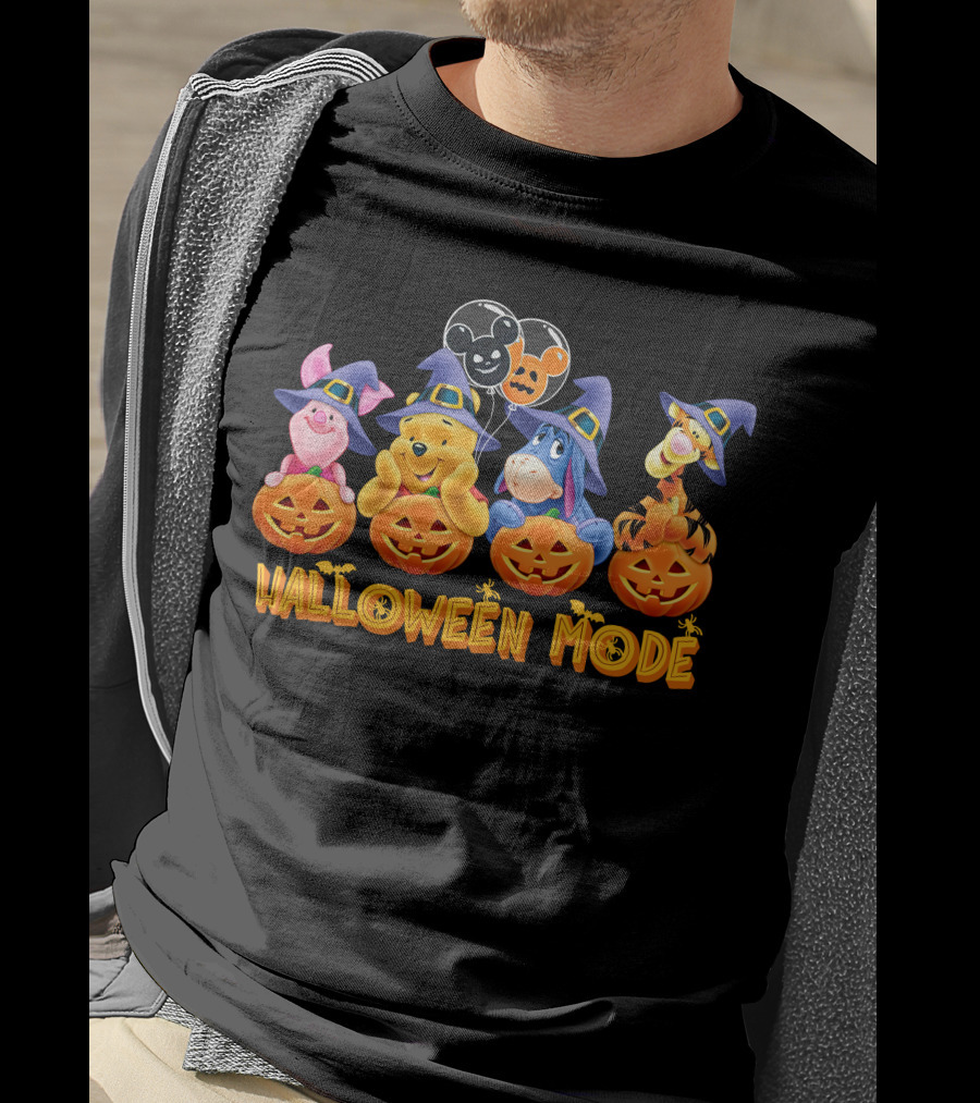 Halloween Mode Winnie The Pooh Characters With Pumpkins And Balloons T-Shirt