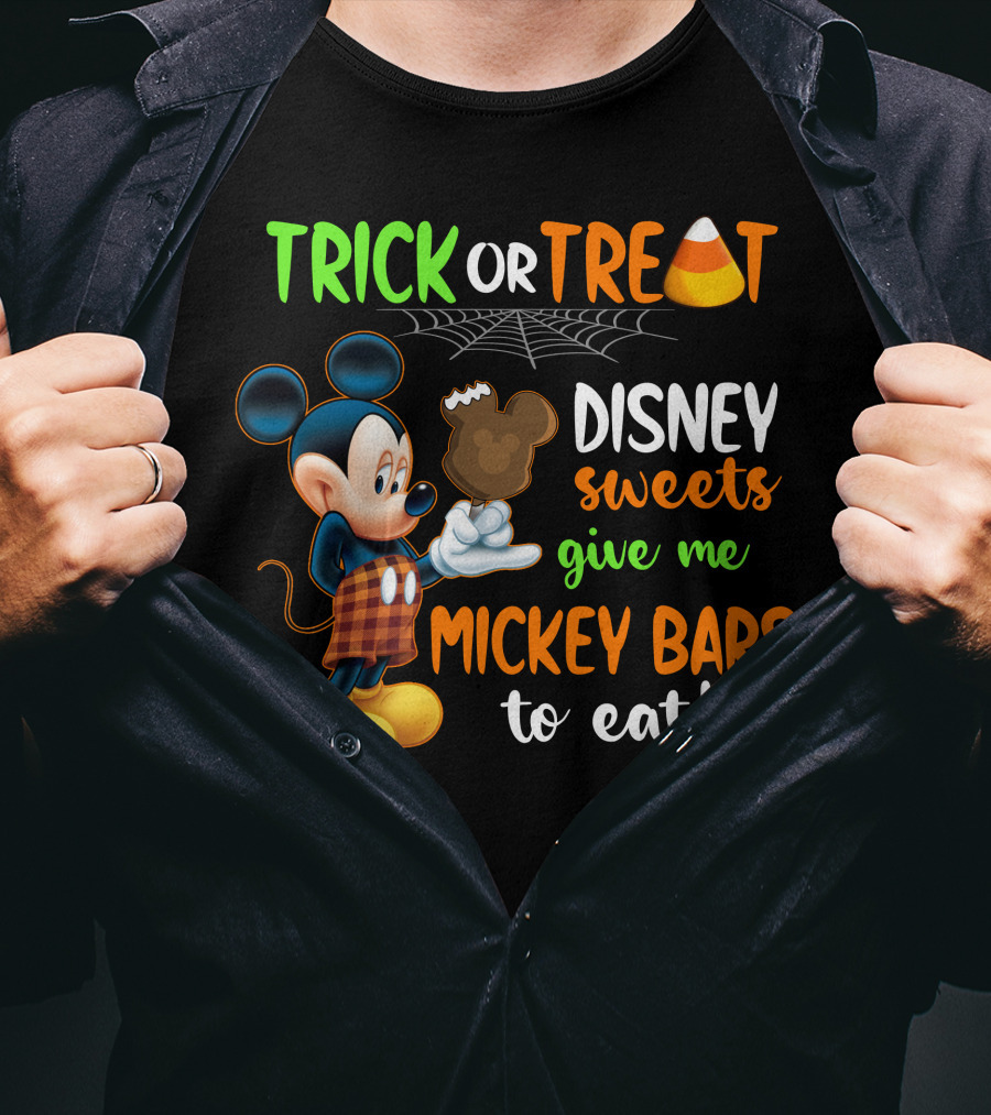 Trick Or Treat Disney Sweets Give Me Mickey Bars To Eat Candy Corn And Spiderweb With Mickey Mouse Eating Chocolate Ice Cream T-Shirt