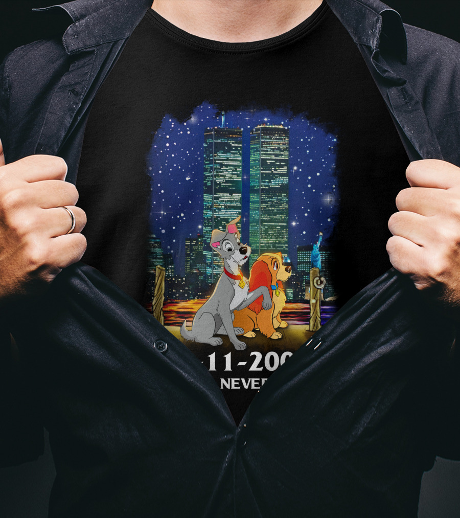 Lady And The Tramp 9-11-2001 We Will Never Forget Twin Towers Memorial T-Shirt