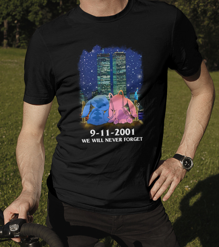 Stitch & Angel-D 9-11-2001 We Will Never Forget Memorial Twins T-Shirt