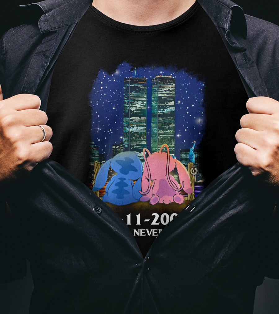 Stitch & Angel-D 9-11-2001 We Will Never Forget Memorial Twins T-Shirt