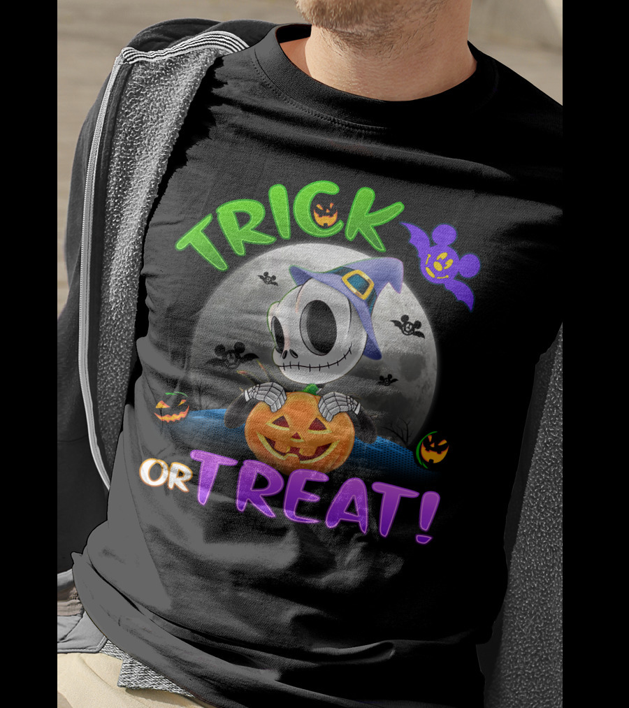 Trick Or Treat Jack Skellington In Halloween Moon With Pumpkins And Purple Bat T-Shirt
