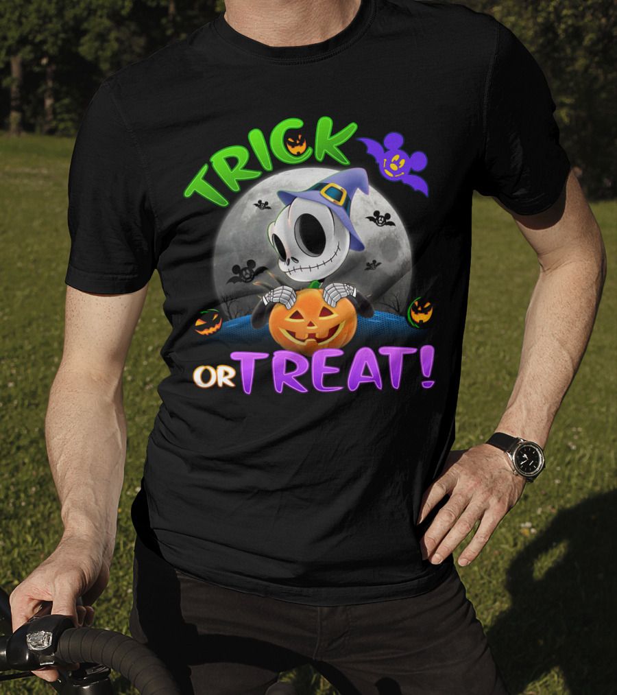 Trick Or Treat Jack Skellington In Halloween Moon With Pumpkins And Purple Bat T-Shirt
