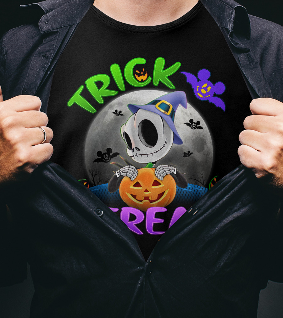Trick Or Treat Jack Skellington In Halloween Moon With Pumpkins And Purple Bat T-Shirt