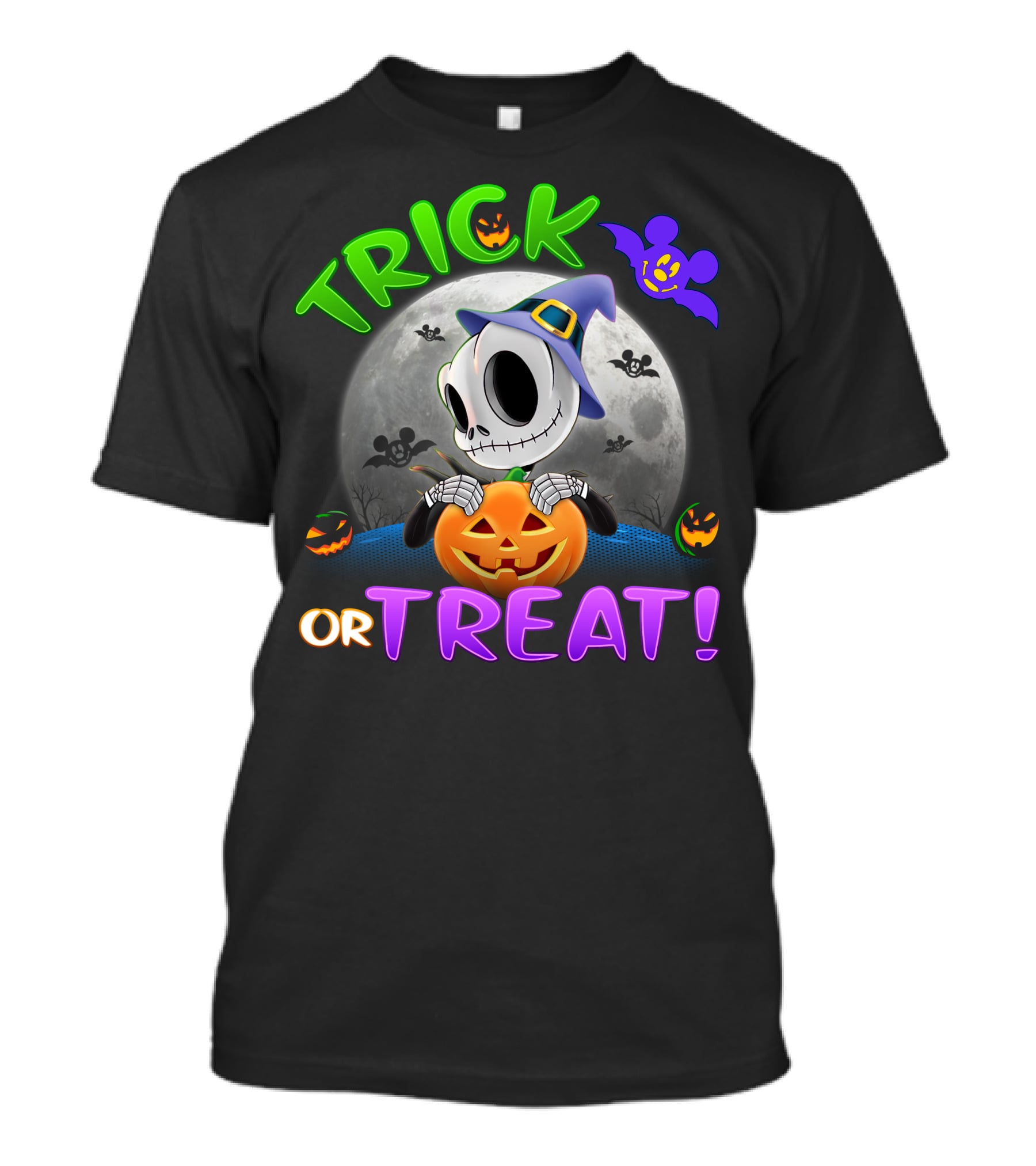 Trick Or Treat Jack Skellington Halloween Moon Bat Pumpkin T-Shirt