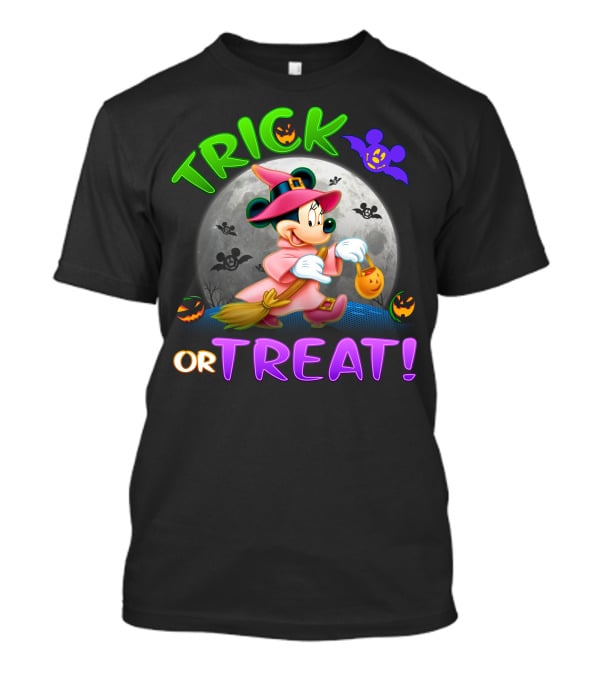 Trick Or Treat Minnie Halloween Witch Costume Broom Moon Bats Pumpkins T-Shirt