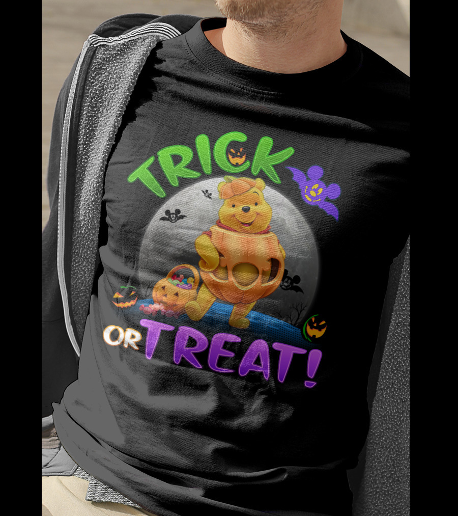 Trick Or Treat Pooh Halloween Moon Bats And Pumpkins T-Shirt
