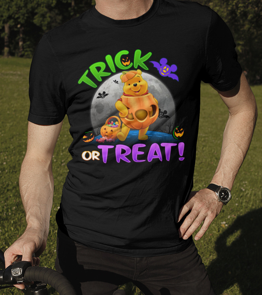 Trick Or Treat Pooh Halloween Moon Bats And Pumpkins T-Shirt