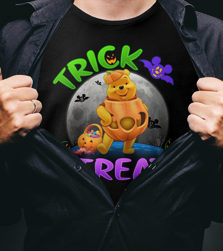 Trick Or Treat Pooh Halloween Moon Bats And Pumpkins T-Shirt