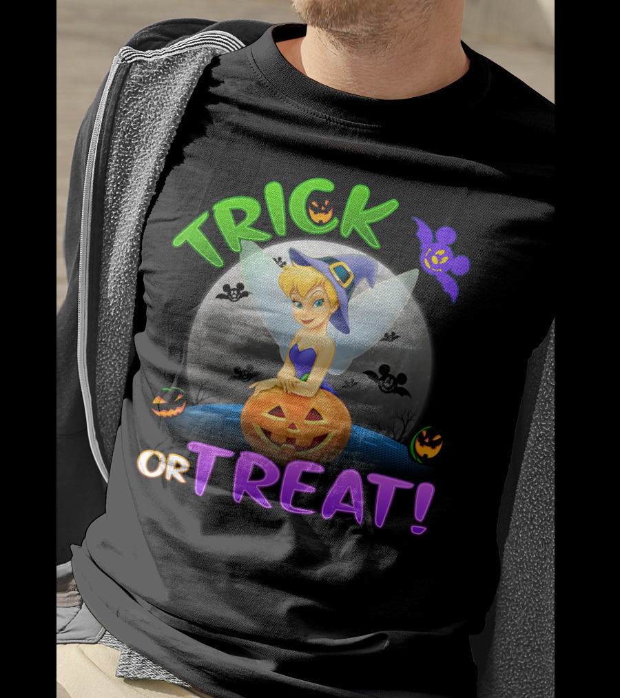 Trick Or Treat Tinker Bell Halloween Jack-O'-Lantern Moon Bat Mickey Ears T-Shirt