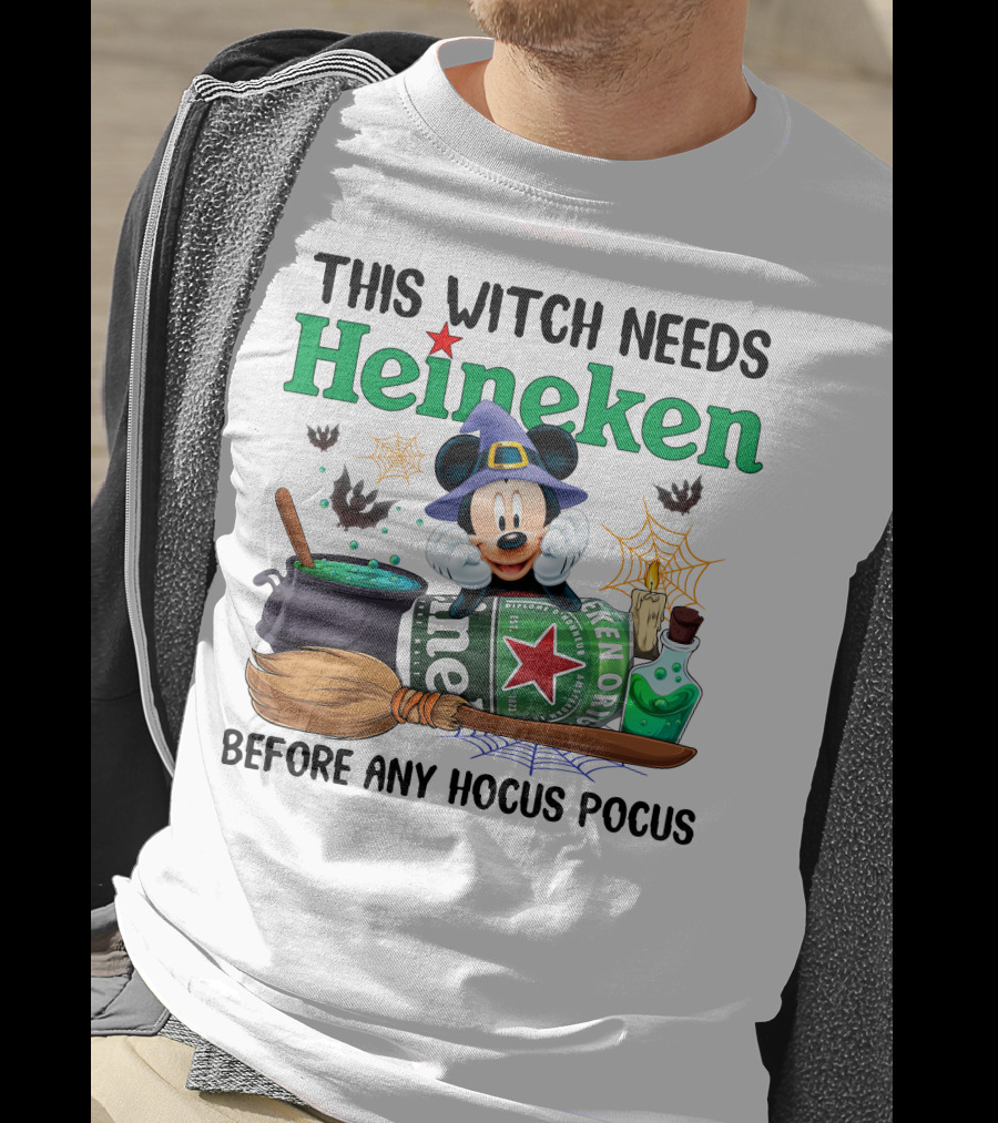 This Witch Needs Heineken With Cartoon Mouse In Wizard Hat Before Any Hocus Pocus T-Shirt