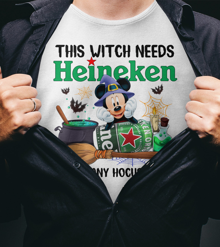 This Witch Needs Heineken With Cartoon Mouse In Wizard Hat Before Any Hocus Pocus T-Shirt