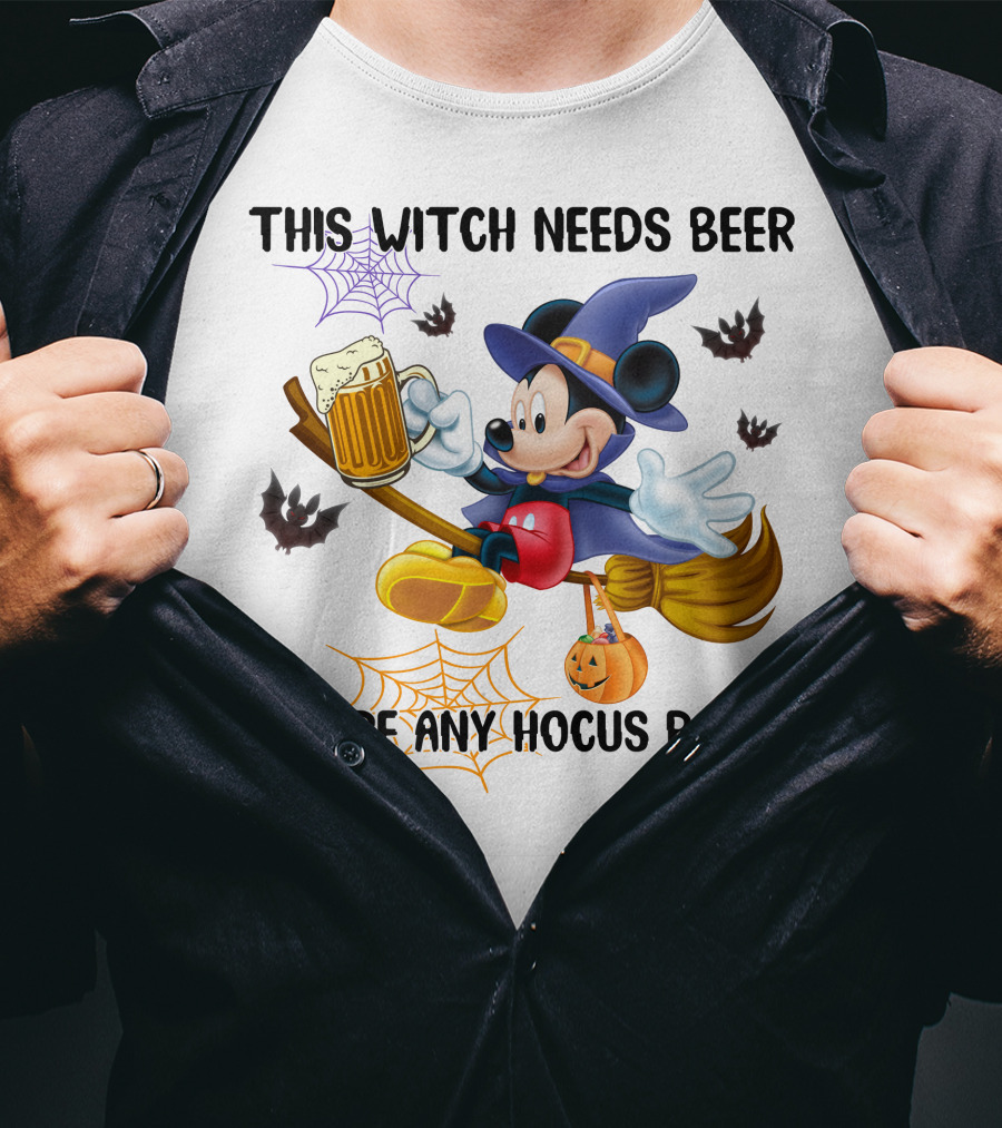 This Witch Needs Beer Before Any Hocus Pocus Halloween Character On Broom With Pumpkin And Beer Mug T-Shirt