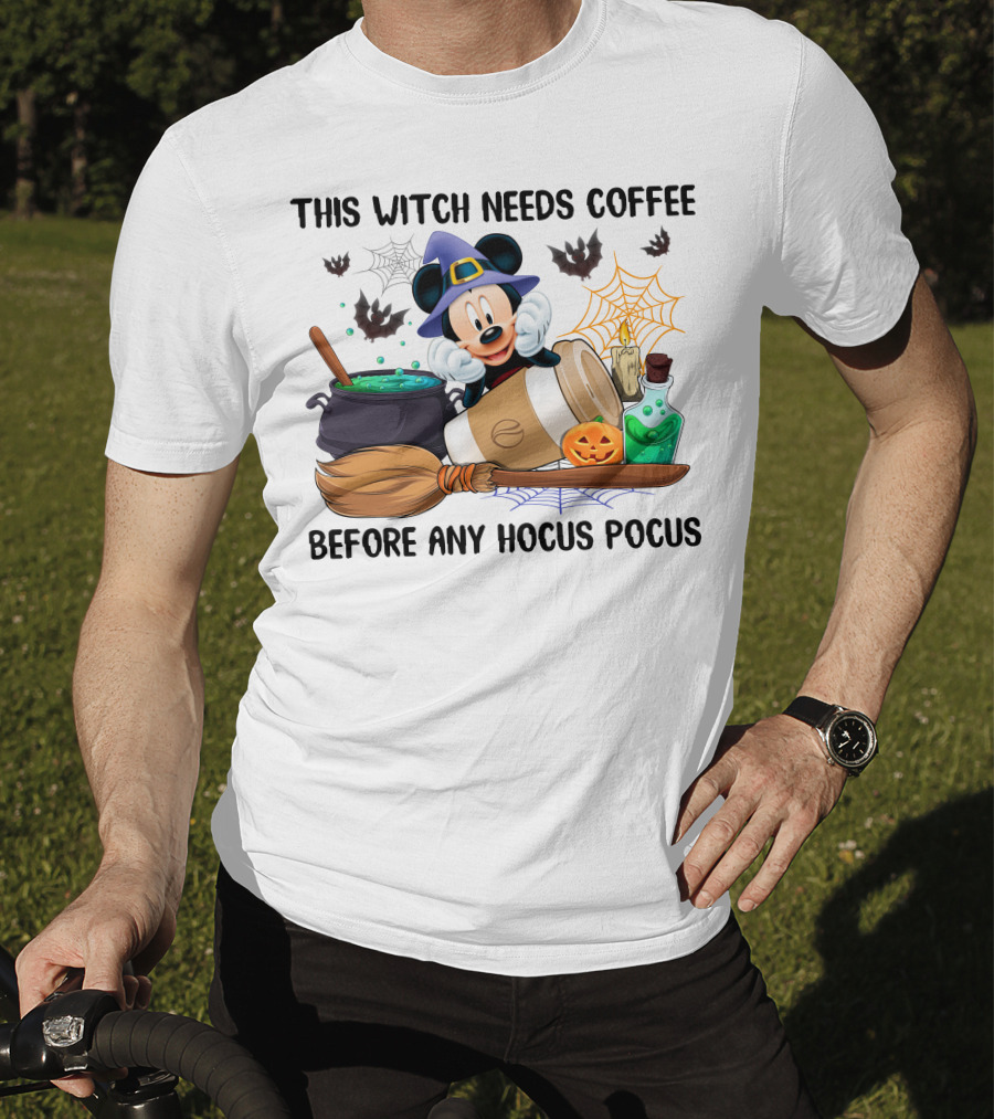 This Witch Needs Coffee Mickey Cauldron Bats Potion Pumpkin Broom Hocus Pocus T-Shirt