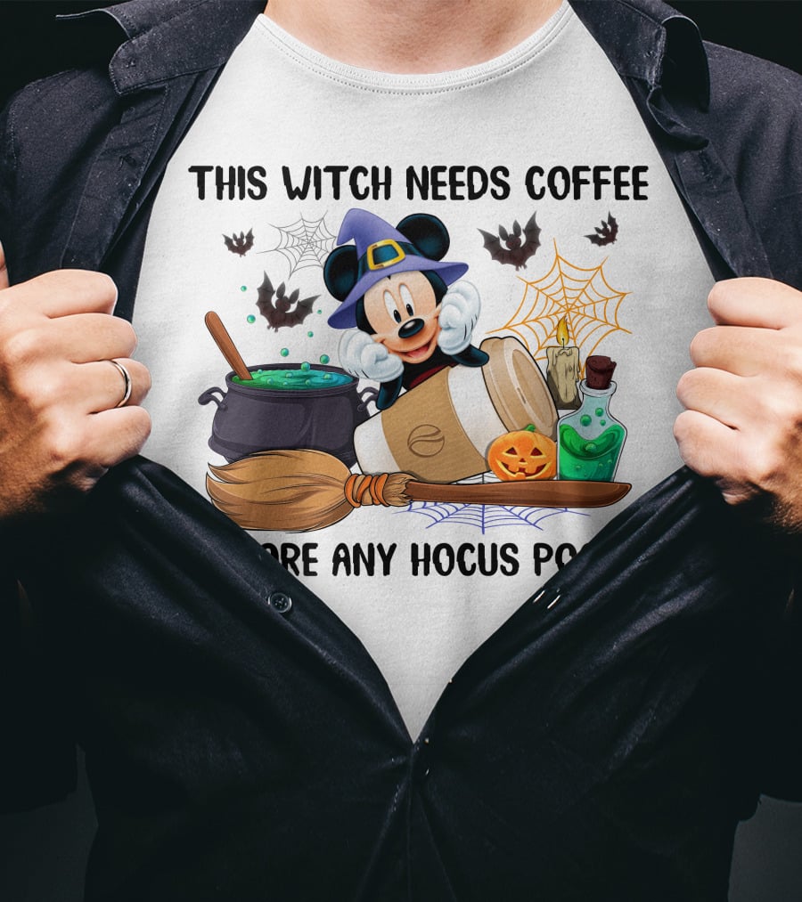 This Witch Needs Coffee Mickey Cauldron Bats Potion Pumpkin Broom Hocus Pocus T-Shirt