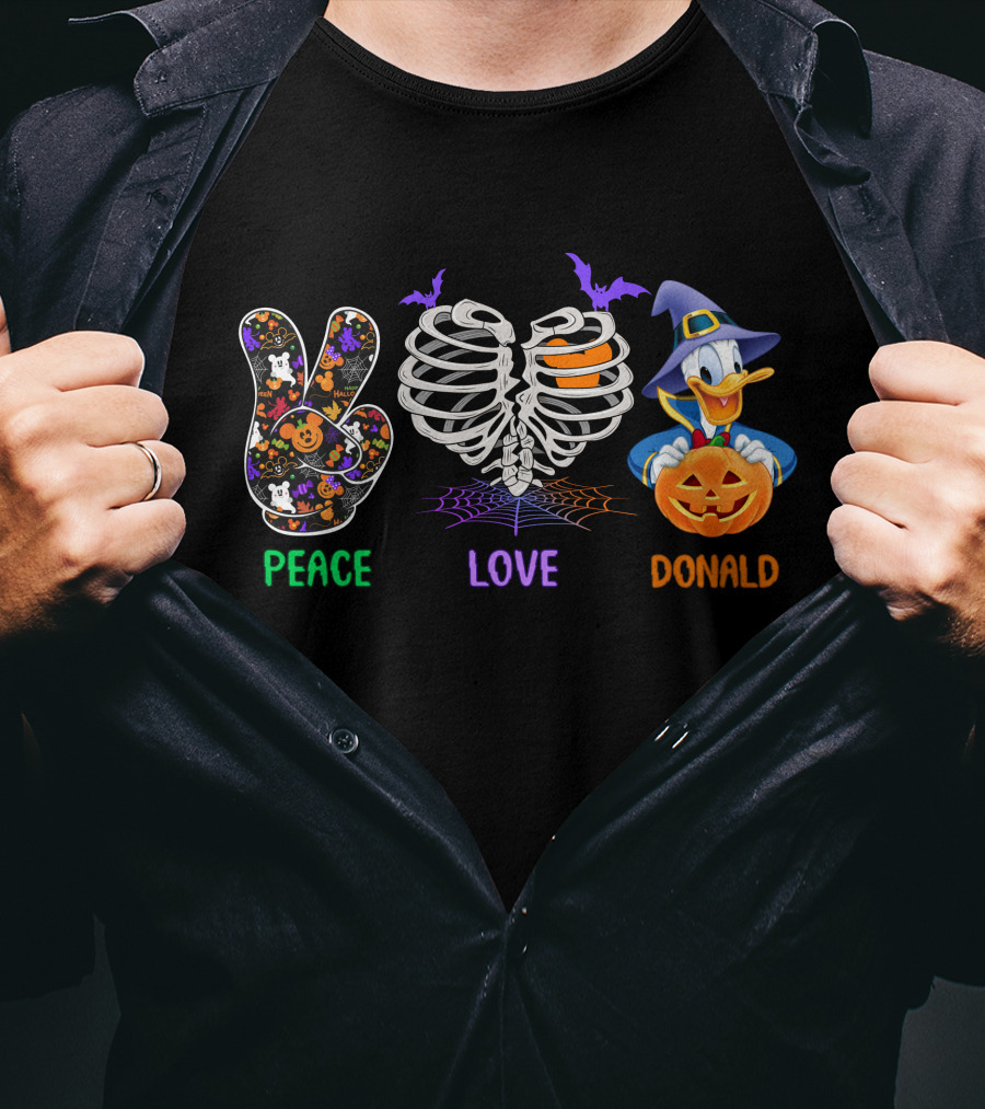 Peace Love Donald Halloween Duck With Pumpkin And Bats T-Shirt
