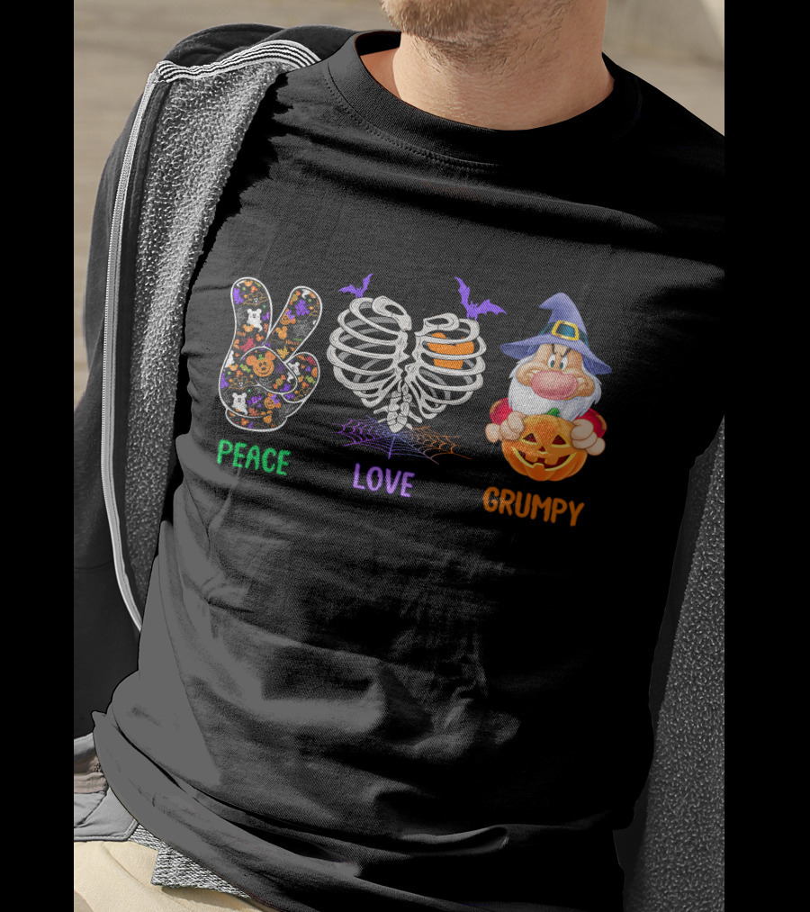 Peace Love Grumpy Halloween Gnome Pumpkins Rib Cage Bat T-Shirt