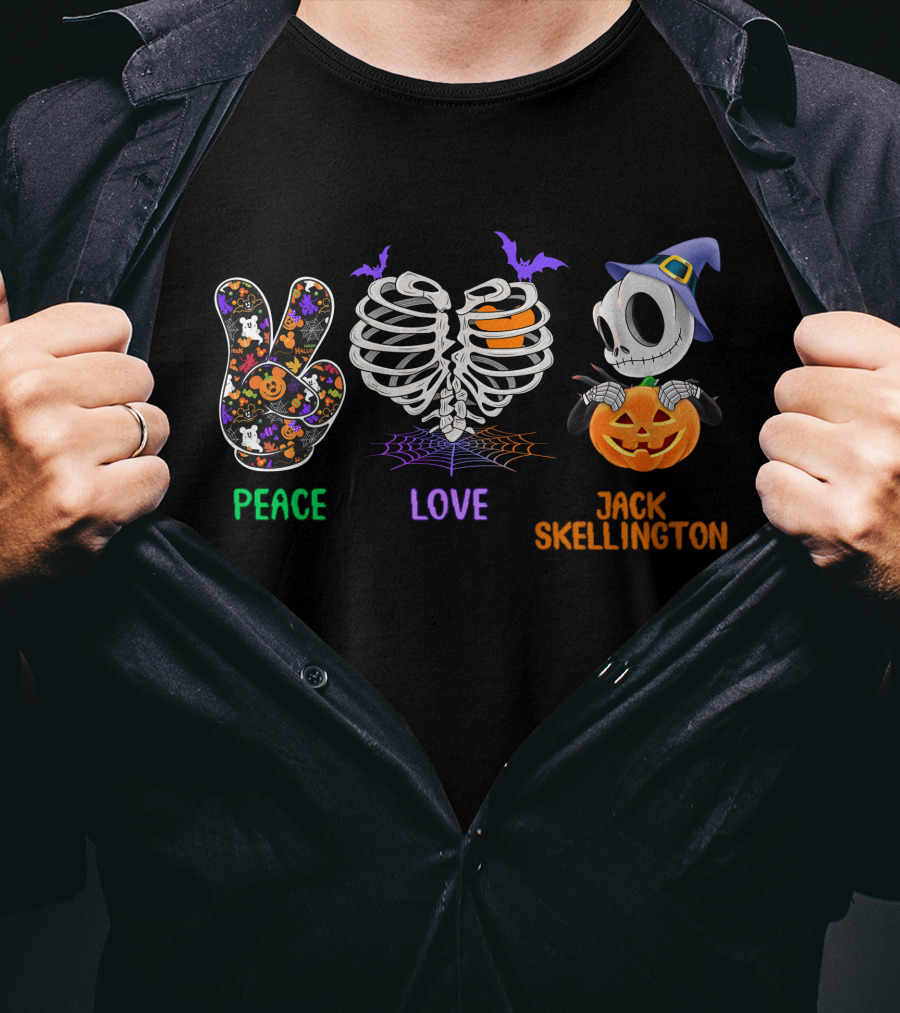 Peace Love Jack Skellington Halloween Pumpkin Skeleton Ribcage T-Shirt