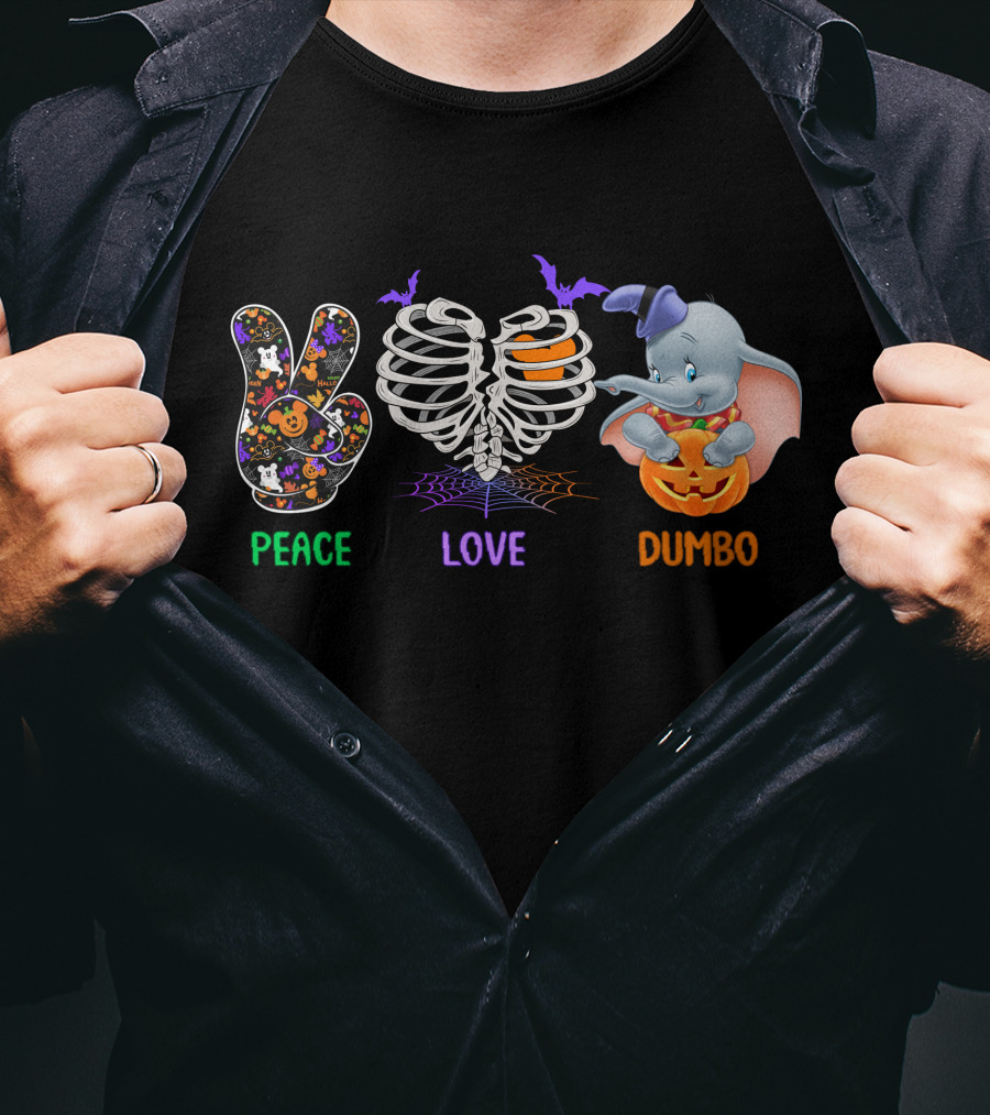 Peace Love Dumbo Halloween Pumpkin Skeleton T-Shirt