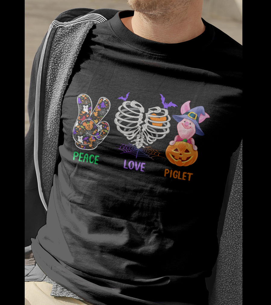 Peace Love Piglet Halloween Theme Pumpkin Skeleton Bats T-Shirt
