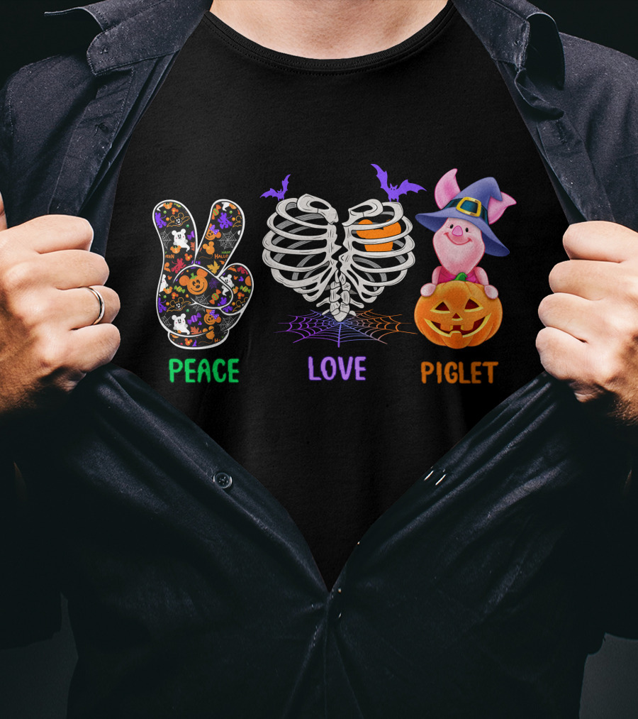 Peace Love Piglet Halloween Theme Pumpkin Skeleton Bats T-Shirt