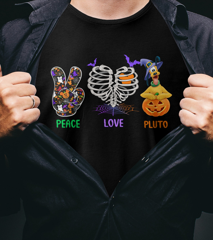Peace Love Pluto Halloween Pumpkin And Skeleton Rib Cage With Bat Accents T-Shirt