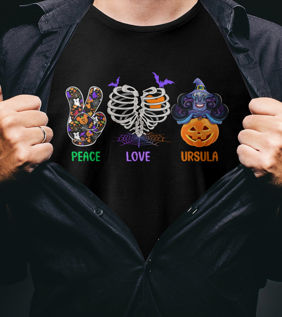Peace Love Ursula Halloween Pumpkin Bat Skeleton T-Shirt
