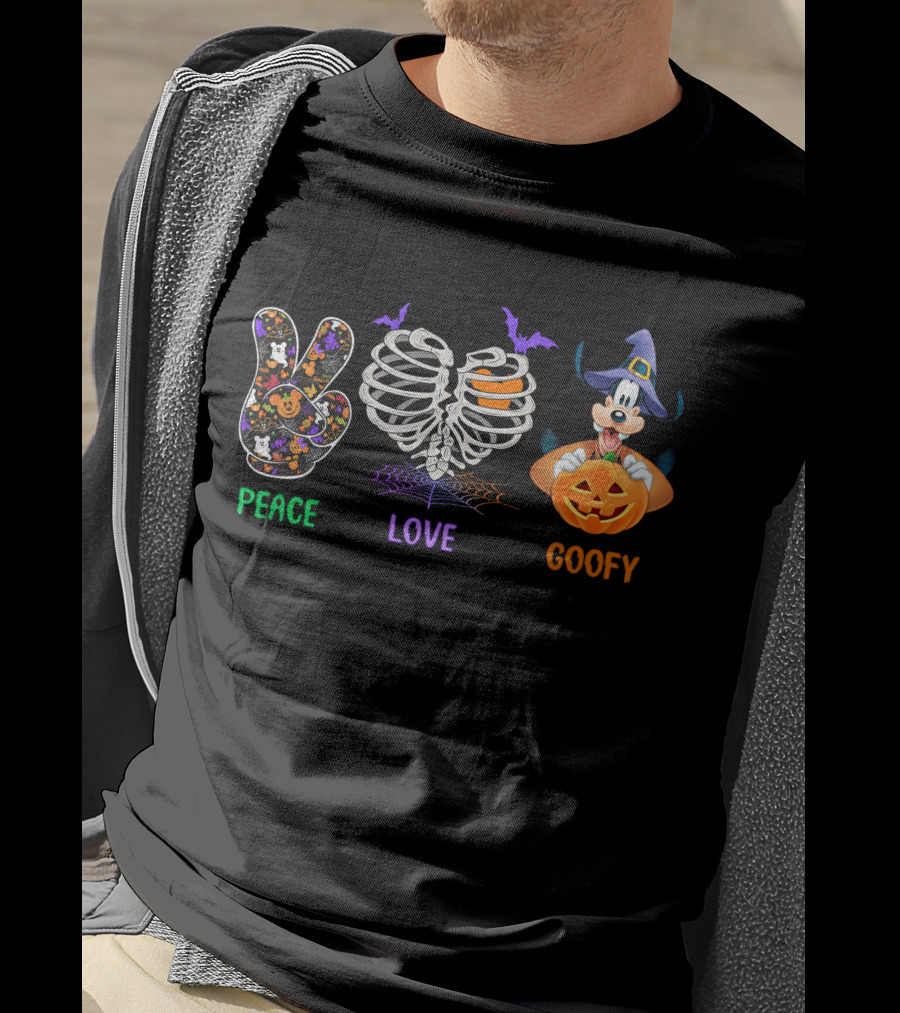 Peace Love Goofy Halloween Skeleton Ribcage Pumpkin And Bat Icons T-Shirt