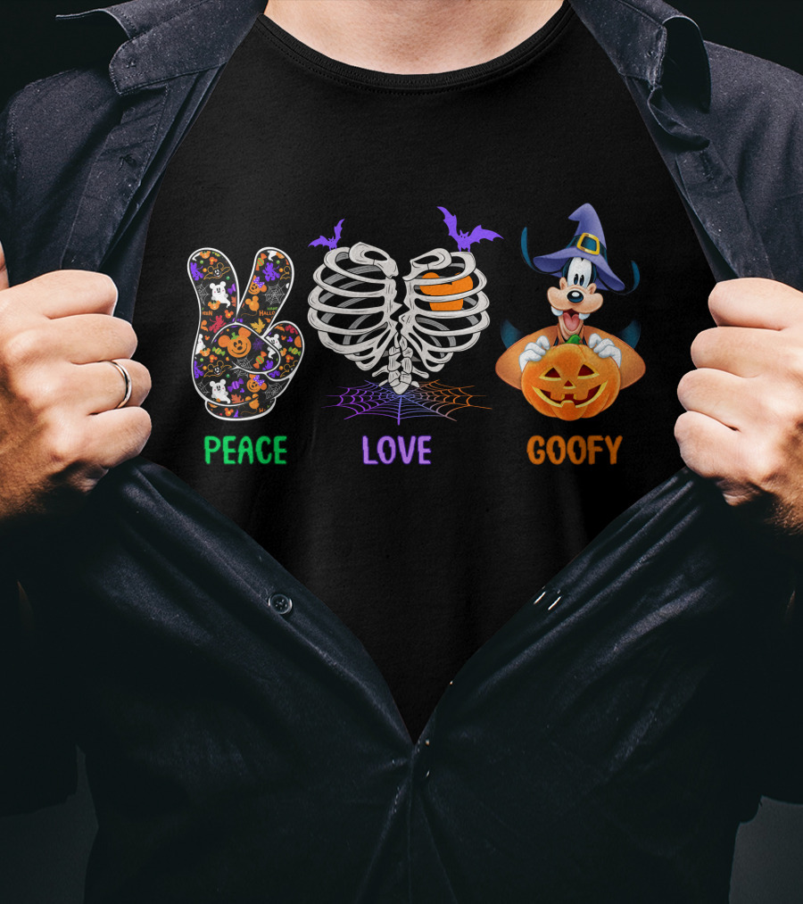 Peace Love Goofy Halloween Skeleton Ribcage Pumpkin And Bat Icons T-Shirt