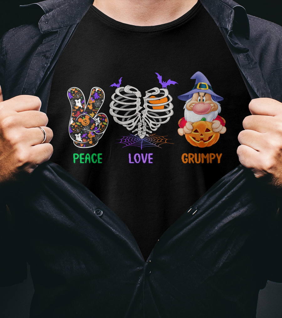 Peace Love Grumpy Halloween Skeleton Gnome With Pumpkin And Bat Hat T-Shirt
