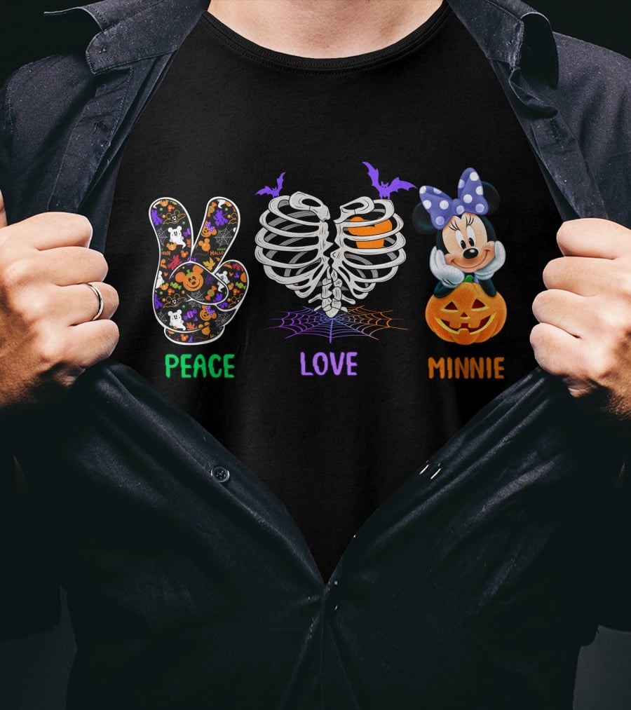Peace Love Minnie Halloween Skeleton Pumpkin T-Shirt