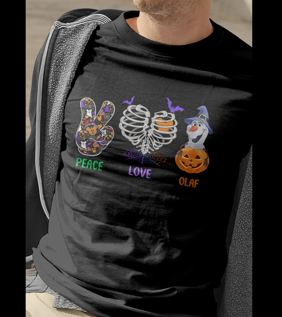 Peace Love Olaf Halloween Pumpkin Skeleton Bats T-Shirt