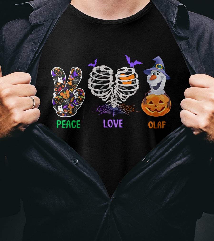 Peace Love Olaf Halloween Pumpkin Skeleton Bats T-Shirt