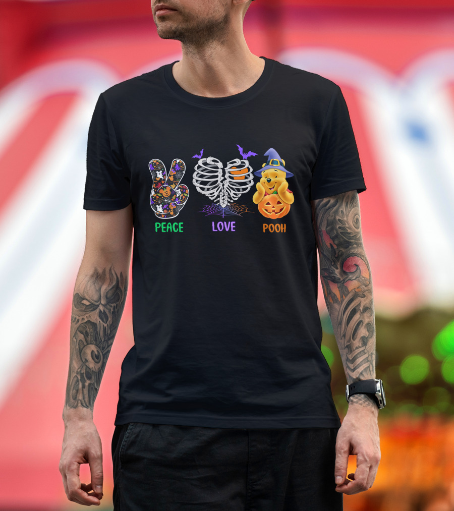 Peace Love Pooh Halloween Pumpkin Skeleton Ribs T-Shirt