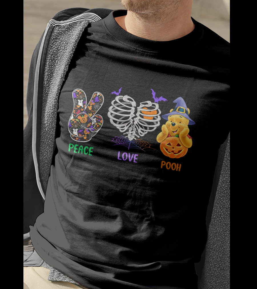 Peace Love Pooh Halloween Pumpkin Skeleton Ribs T-Shirt