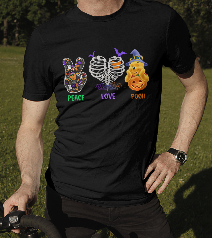 Peace Love Pooh Halloween Pumpkin Skeleton Ribs T-Shirt