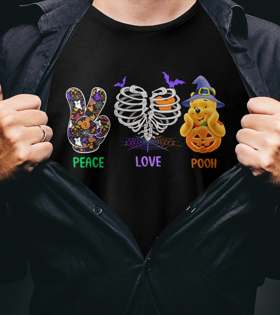 Peace Love Pooh Halloween Pumpkin Skeleton Ribs T-Shirt