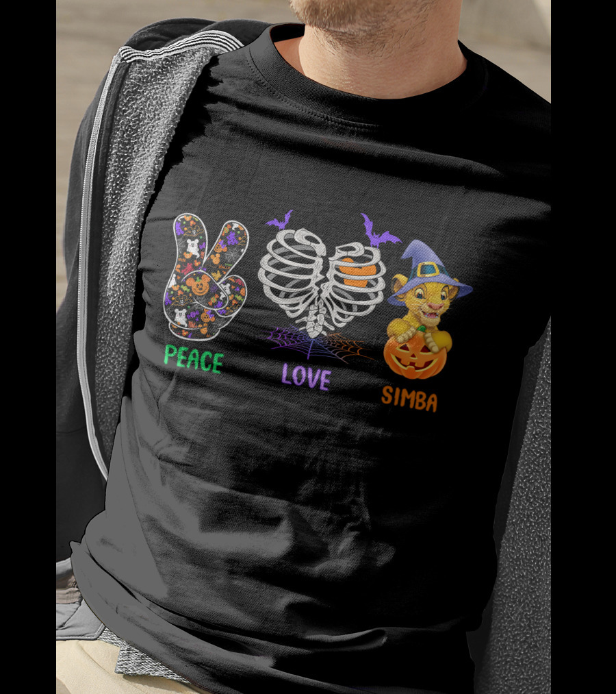Peace Love Simba Halloween Ribs Pumpkin Bats T-Shirt
