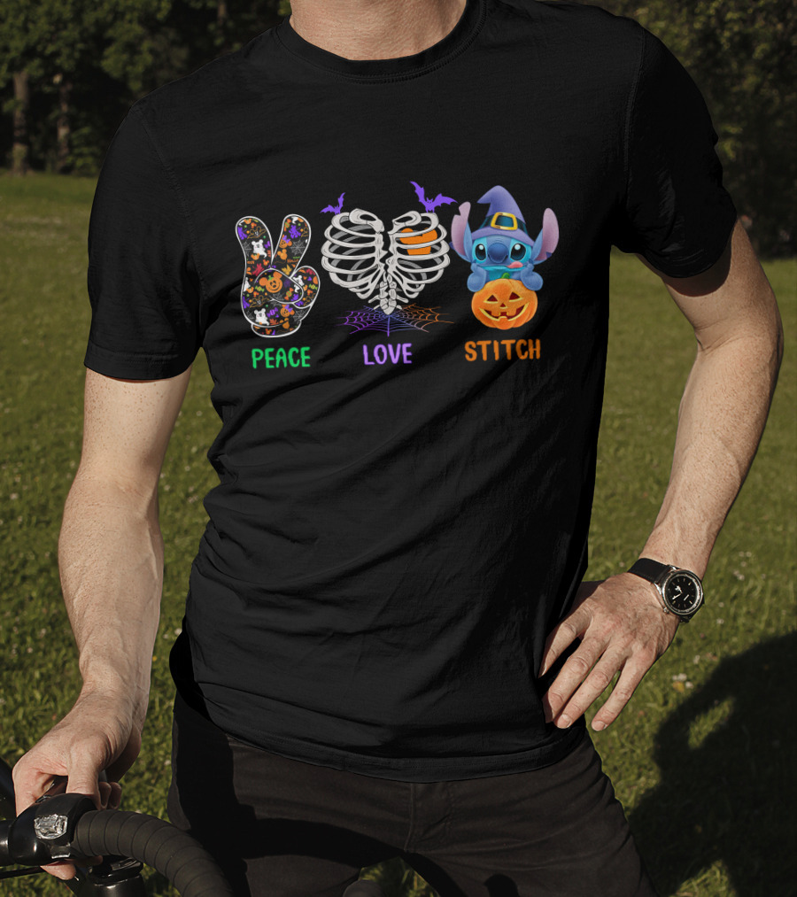 Peace Love Stitch Halloween Pumpkin Skeleton Bat T-Shirt