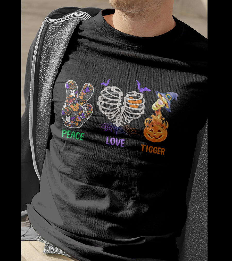 Peace Love Tigger Halloween Skeleton Pumpkin T-Shirt