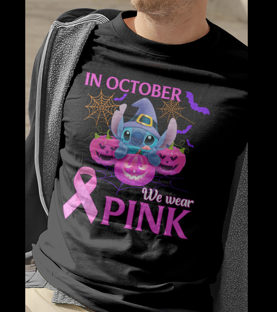 In October We Wear Pink Stitch Halloween Breast Cancer Awareness T-Shirt