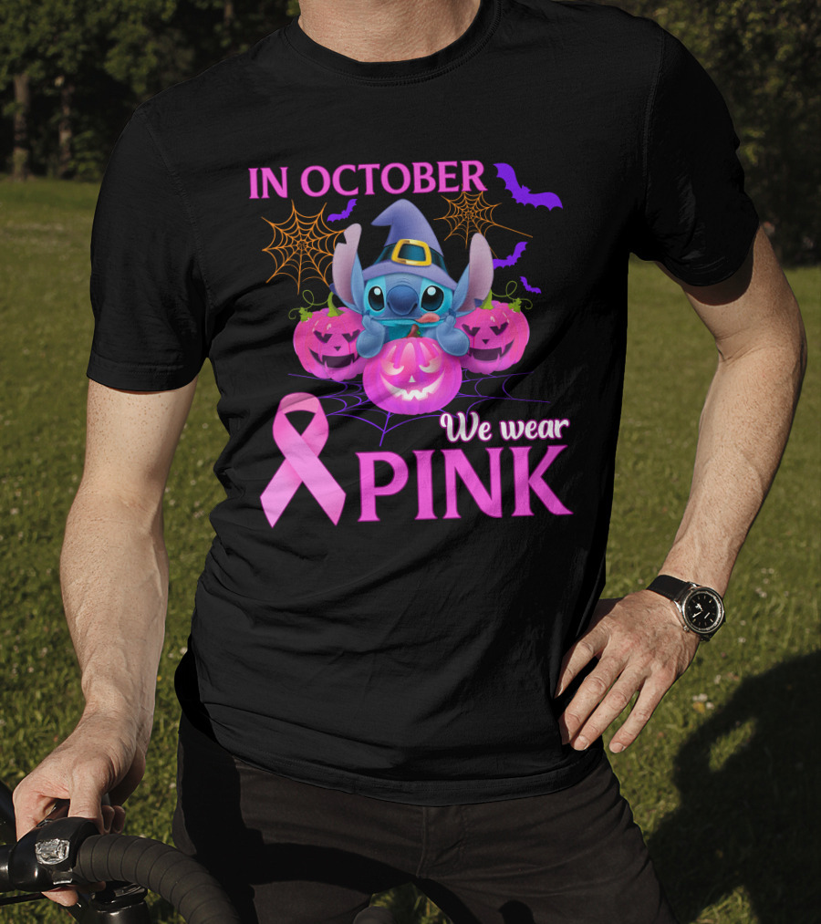In October We Wear Pink Stitch Halloween Breast Cancer Awareness T-Shirt